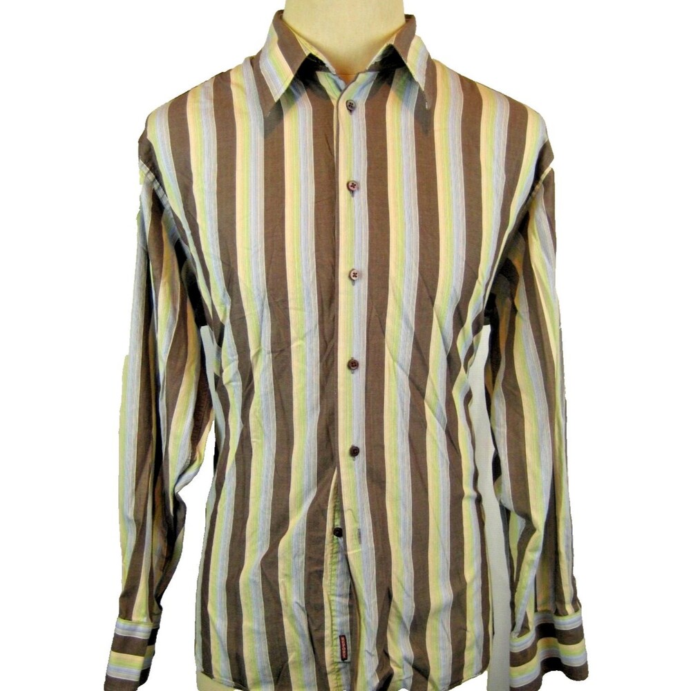 Mens Report Collection 100% Cotton LS Multicolored Striped Dress Shirt sz L/G